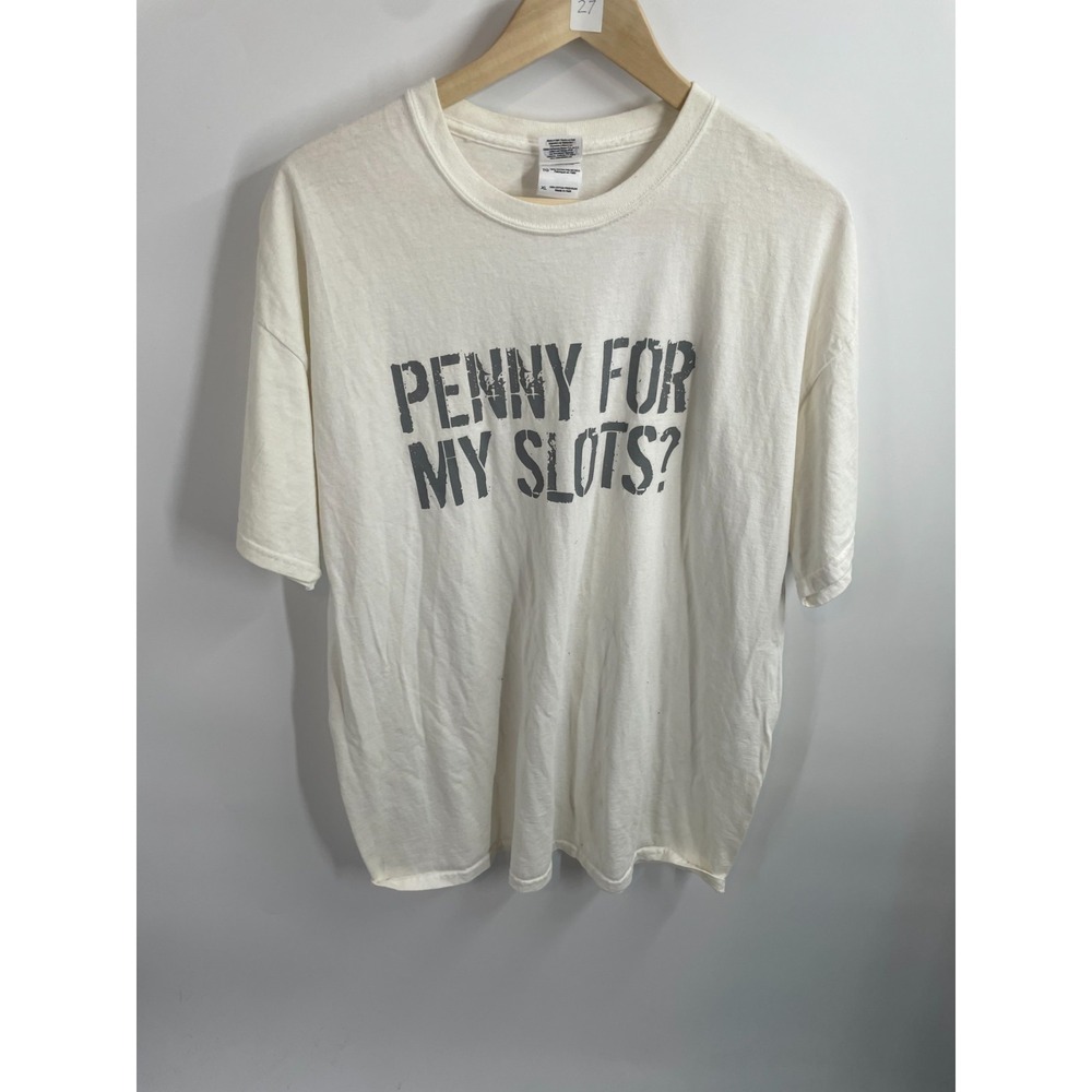 Gildan Ultra Cotton Penny For My Slots ? Spellout T-Shirt Off-White Size XL
